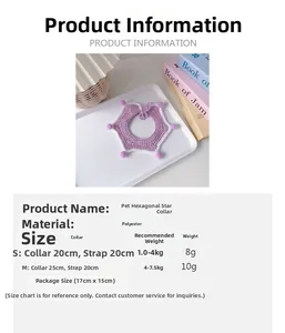 Size chart for handmade crocheted pet star scarf with pom-pom details and dimensions