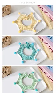 Macro shot of three colorful handmade crochet star-shaped pet collars with soft pom-poms