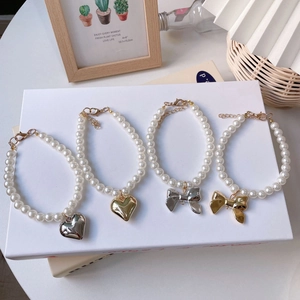 French Retro Pet Artificial Pearl Necklace With Alloy Heart Bow Pendant Adjustable Dog Cat Jewelry Collar For Wedding Party Decor