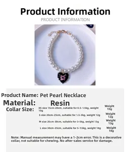 Detailed size chart for vintage pet pearl necklace with resin beads and heart pendant