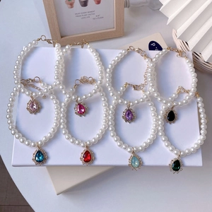 Elegant Pet Artificial Pearl Necklace With Teardrop Artificial Gemstone Pendant Adjustable Jewelry Accessory For Small Dogs Cats