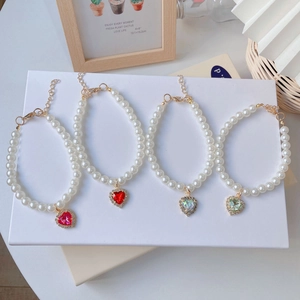 Pet Artificial Pearl Necklace Elegant Heart Gemstone Pendant Rhinestone Adjustable Collar For Cats Dogs Princess Style Kitten Puppy Jewelry