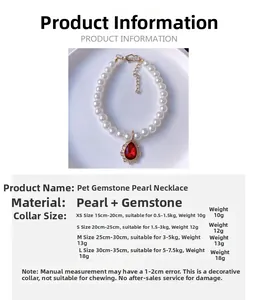 Detailed size chart for faux pearl pet necklace with red crystal pendant and dimensions