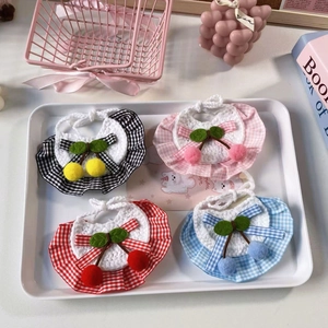 Cute Plaid Hand Crocheted Pet Bib Scarf For Dogs And Cats Sweet Cherry Decoration Ruffle Collar Decorative Neckwear