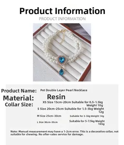 Size chart for pet double-layer faux pearl necklace with blue heart pendant and drop bead