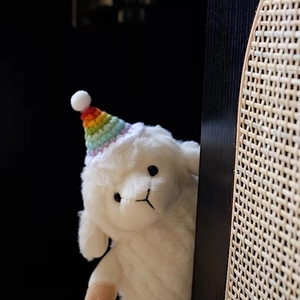 Gros plan d'une peluche alpaga blanche portant un chapeau de fête arc-en-ciel au crochet