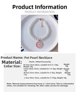 Size guide for pearl pet necklace with metal hardware details and neck dimensions