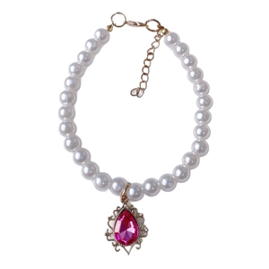 Pet pearl collar necklace with pink teardrop gemstone and adjustable gold chain link