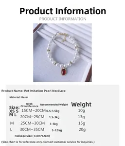 Size chart for pet pearl necklace with pendant showing dimensions from XS to L