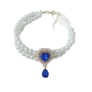 Double-layered pearl pet necklace with heart blue gemstone pendant and teardrop crystal