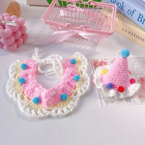Handmade pink crochet pet neck scarf and party hat set with colorful pom-poms