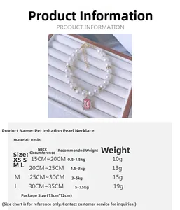 Size chart for pet pearl necklace with pink crystal pendant showing weight and length
