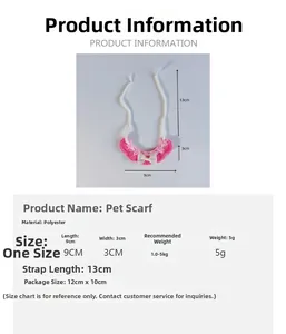 Detailed size chart for handmade pink crochet pet scarf with white bow decoration