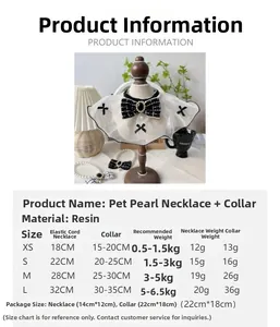 Detailed size chart for pet pearl necklace and lace scarf with resin material specs
