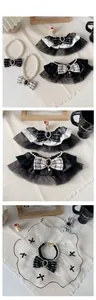 Detail of pet pearl necklace with black and white tweed bow and lace gauze ruffles