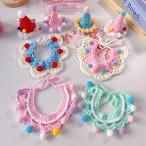 Handmade knitted pet party hats and lace collars set for cats and small dogs