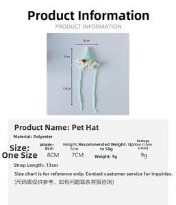 Size chart and dimensions for pet knitted hat with colorful pom-poms and green straps