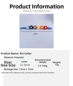 Detailed size chart for handmade floral pet collar with adjustable button closure