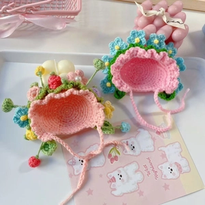 Handmade pink crochet pet flower hat with pearls and adjustable ribbons for doll decor