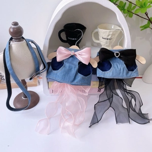 Denim pet harness dress with large bow and organza tutu skirt for small dogs