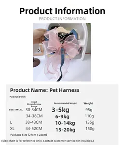 Size chart for denim pet harness with pink bow detailing for small to medium dogs