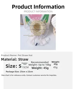 Size chart for pet straw hat with lace edge and adjustable strap for dogs and cats
