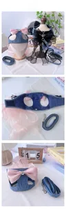 Detail of denim pet harness with large pink organza bow and rhinestone accents