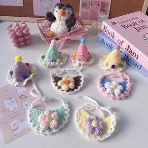 Handmade crochet pet birthday party hat and floral bib collar set for cats and small dogs