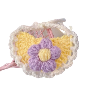 Handmade crochet heart-shaped pet bib bib accessory with purple flower in yellow and white