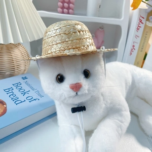 Detail of woven pet straw hat with adjustable drawstring on a plush cat doll