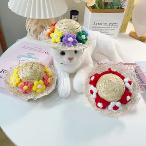 Pet Straw Hat With Lace Trim And Colorful Crochet Flower Small Dog Cat Sun Hat Adjustable For Outdoor Photoshoot Daily