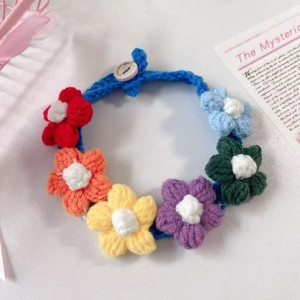 Handmade colorful knit flower collar for pets with adjustable wooden button closure