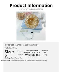 Size chart for pet straw hat with measurements and adjustable strap details