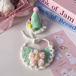 Close-up of handmade knit pet hat with pompoms and floral bib in pastel macaroon colors