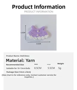 Size chart showing a purple knit doll dress with pearl accents for 10-13cm plush toys