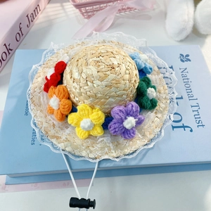 Mini pet straw hat with colorful knitted flowers and lace trim for cats and dogs