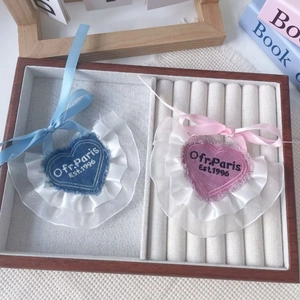 Lace heart pet bibs in denim blue and pink with chic embroidery and silk bows
