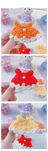 Detailed view of handmade knitted doll dresses with pearl buttons and lace trim