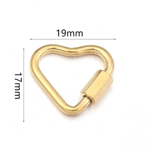 Gold heart-shaped screw lock carabiner connector for DIY jewelry making, 19mm size