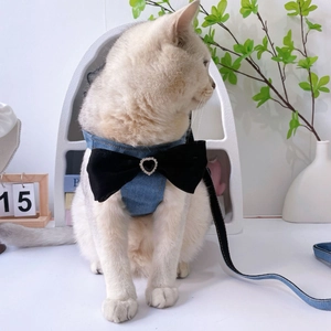 Detail of blue denim pet harness with large black velvet bow and heart rhinestone buckle