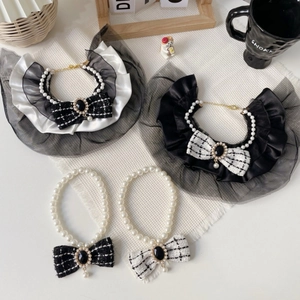 Elegant Pet Artificial Pearl Necklace Tweed Bow Lace Bib For Cats Dogs Luxury Princess Style Adjustable Cat Dog Scarf Jewelry