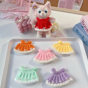 Handmade Crochet Doll Dress For 15cm Cotton Dolls Mini Knitted Skirt With Bow Artificial Pearl Decoration Doll Clothing Accessories