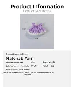 Detailed size chart for handmade purple crochet doll dress with white trim accents