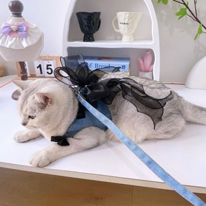 Detail of blue denim pet harness with large black mesh bow and matching leash set
