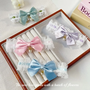 Lace bow pet collars with pearl pendants in pink, blue, purple and mint colors