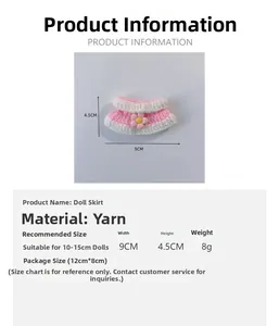 Size chart for 15cm doll yarn dress featuring detailed measurements and material specs