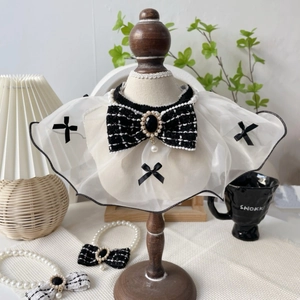 Elegant pet pearl necklace with black and white tweed bow and lace organza scarf