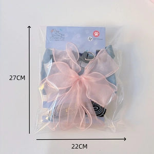 Blue denim pet harness with large pink bow and leash set for small dogs and cats