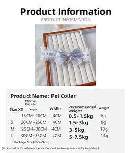 Size chart for lace pet collar with bow, detailing polyester material and specifications
