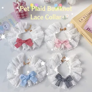 Cute Gingham Bowknot Pet Lace Collar Adjustable Cat Dog Bib Scarf Sweet Princess Style Puppy Kitten Neck Decoration Jewelry
